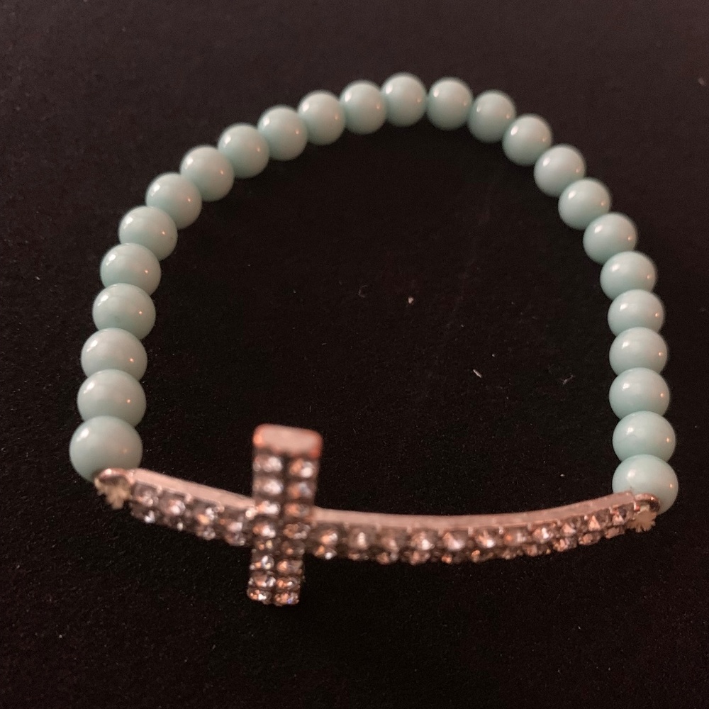 Sparkly Aqua Religious Cross Bracelet